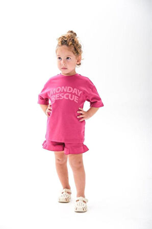 Kabartma Baskılı T-shirt ve Şort Alt Üst Kız Çocuk Takım (18 ay-12 Yaş)