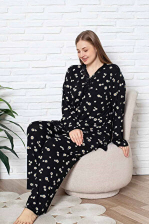 Kadın Papatya Desenli V Yaka 3 Düğmeli Viskon Büyük Beden Mevsimlik Uzun Kol Pijama Takımı