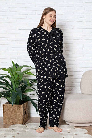 Kadın Papatya Desenli V Yaka 3 Düğmeli Viskon Büyük Beden Mevsimlik Uzun Kol Pijama Takımı