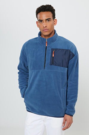 Erkek Indigo Oversize Bol Kesim Bato Yaka Cep Detaylı Fermuarlı Isı Tutan Polar Sweatshirt