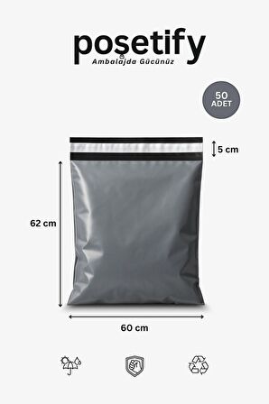 Gri Cepsiz Kargo Poşeti 60x62+5 cm | Yapışkan Bantlı Kargo Zarfı | 50’li E-Ticaret Poşeti
