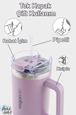 Vagonlife Quencher Cup 1200 ML Pipetli/Rahat İçim Kulplu Paslanmaz Çelik Termos -FFVGN0581200ML