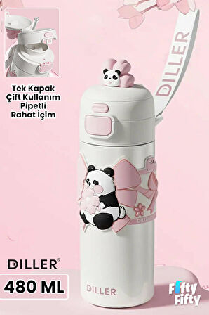 DILLER 480 ML Tek Kapak Çift Kullanım Pipetli/Pipetsiz Taşıma El Askılı Vacum Cup/Çelik Termos -FFD9317-480