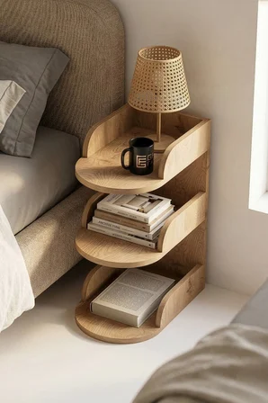 Reyo Falez Komodin Modern Ahşap 3 Katlı Raflı Yan Sehpa Çok Amaçlı Organizer Kitaplık Naturel