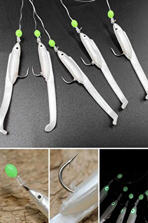 Eagenset Silikon Balıklı Çapari 5.5 Cm (2 Adet) Silikon At Çek Takımı Beyaz Fosforlu Glow Gözler ve Fosforlu Glow Boncuklu