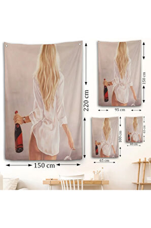 Şarap ve Kadeh le Yürüyen Sarı Saçlı Kadın Duvar Örtüsü-7946