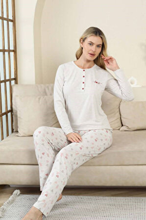 Kadın Gri Kalp Desenli Düğmeli Likralı Viskon Uzun Kol Cepli Pijama Takımı