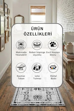 Yıkanabilir Kaymaz Alaska Gri Dijital Baskılı Yolluk Halı Tüy Tutmaz Gri
