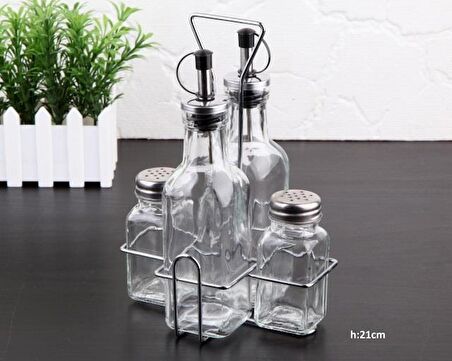 Metal Stantlı Cam Sosluk Yağlık Sirkelik Tuzluk 250ml 21cm