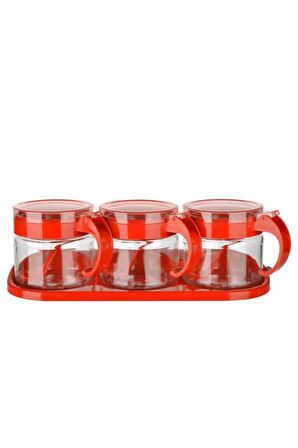 Cam Baharatlık 3 Lü Set 300ml Kaşıklı Kırmızı