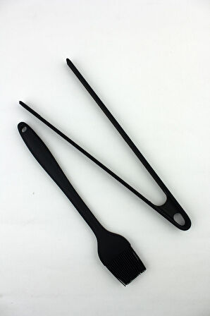 Lüks Büyük Boy Silikon 2 li Maşa Fırça Set Siyah 27cm 