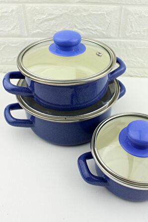 3 lü Lüks Emaye Mini Tencere Seti Lacivert 12/14/16cm 