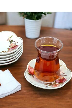 6 lı Porselen Çay Tabak Rose Çay Tabağı Yaldızlı Çap 10cm