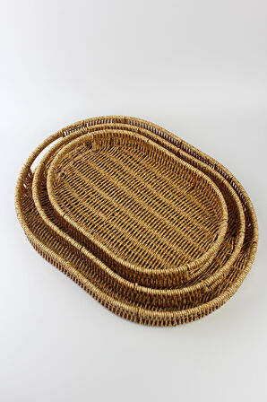 3 lü Rattan Tepsi Dekoratif Tepsi Hasır Örme Tepsi Oval Krem