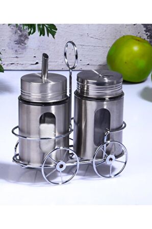 2 li Paslanmaz Çelik Cam Şekerlik Baharatlık Stantlı 300ml