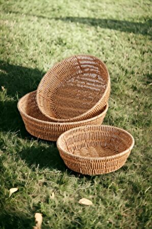 3 lü Rattan Plastik Sepet, Ekmeklik , Meyve Sepeti Yuvarlak 3 Boy 3717/3lüKrem