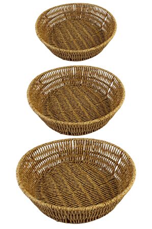 3 lü Rattan Plastik Sepet, Ekmeklik , Meyve Sepeti Yuvarlak 3 Boy 3717/3lüKrem