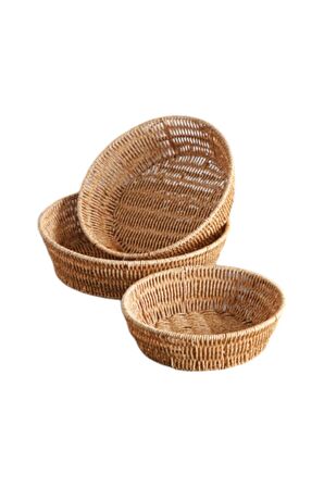 3 lü Rattan Plastik Sepet, Ekmeklik , Meyve Sepeti Yuvarlak 3 Boy 3717/3lüKrem