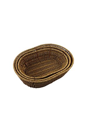 3 lü Rattan Plastik Sepet, Ekmeklik , Meyve Sepeti Oval 3 Boy 3716