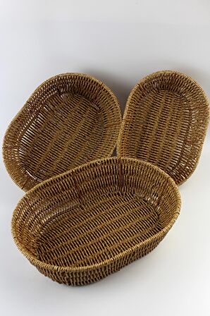 3 lü Rattan Plastik Sepet, Ekmeklik , Meyve Sepeti Oval 3 Boy 3716