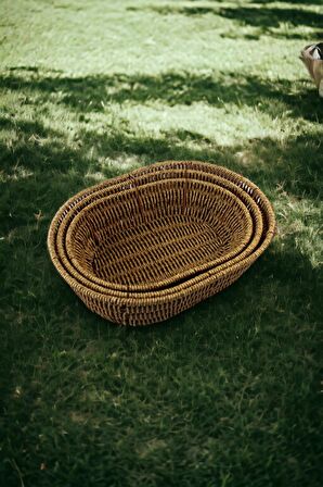 3 lü Rattan Plastik Sepet, Ekmeklik , Meyve Sepeti Oval 3 Boy 3716