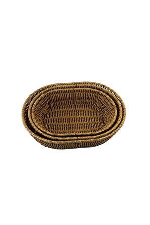 3 lü Rattan Plastik Sepet, Ekmeklik , Meyve Sepeti Oval 3 Boy 3716