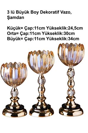 3 lü Kristal Cam Şamdan, Vazo Gold Metal Ayak 4470