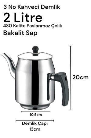 430 Paslanmaz Çelik Kahveci Demlik 2000ml 3 No