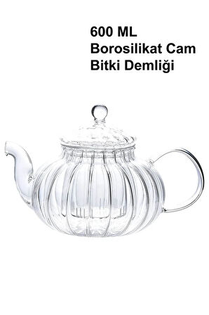 Borosilikat Cam Demlik 600ml Orta Boy Süzgeçli Bitki Demliği