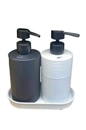 2 li Stonware Seramik Sıvı Sabunluk 400ml + 400ml Tepsili