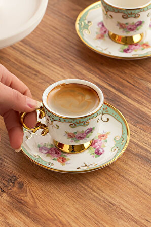 Ist-169 Yaldızlı 6 Kişilik Porselen Fincan Takımı-yeşil-90 ml