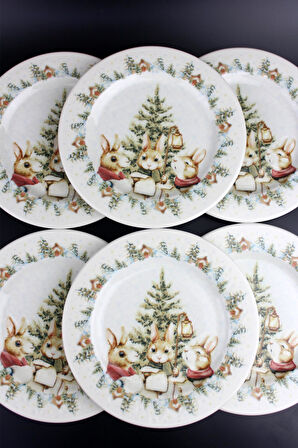6'lı Yılbaşı Konsept Porselen 25cm Servis Pasta, Tabak 1118 Bunny Christmas
