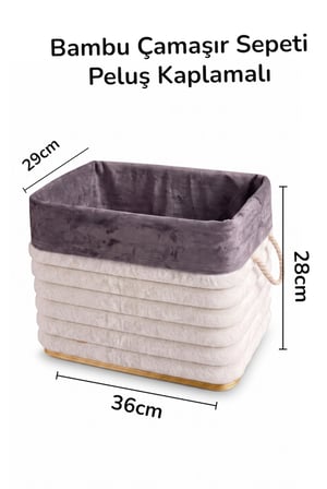 2 li Katlanır Bambu Kirli Çamaşır Sepeti Peluş Kaplamalı Beyaz