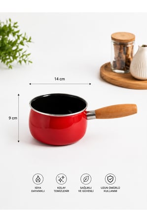 14 cm Emaye Sütlük | Ahşap Saplı Süt Cezvesi | Sosluk | 1200ML | 9 cm Derinlik | Kırmızı