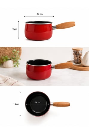 14 cm Emaye Sütlük | Ahşap Saplı Süt Cezvesi | Sosluk | 1200ML | 9 cm Derinlik | Kırmızı