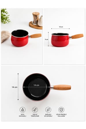 14 cm Emaye Sütlük | Ahşap Saplı Süt Cezvesi | Sosluk | 1200ML | 9 cm Derinlik | Kırmızı