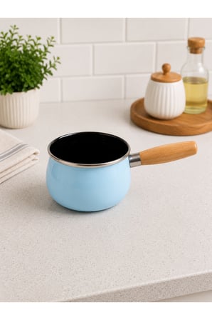 14 cm Emaye Sütlük | Ahşap Saplı Süt Cezvesi | Sosluk | 1200ML | 9 cm Derinlik | Mavi