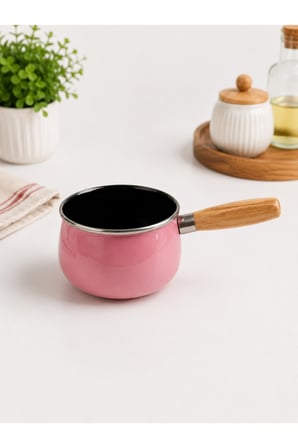 14 cm Emaye Sütlük | Ahşap Saplı Süt Cezvesi | Sosluk | 1200ML | 9 cm Derinlik | Pembe