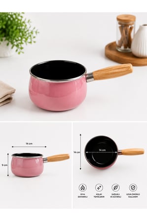 14 cm Emaye Sütlük | Ahşap Saplı Süt Cezvesi | Sosluk | 1200ML | 9 cm Derinlik | Pembe