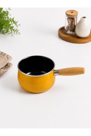 14 cm Emaye Sütlük | Ahşap Saplı Süt Cezvesi | Sosluk | 1200ML | 9 cm Derinlik | Sarı