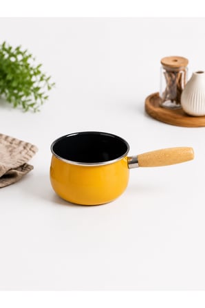 14 cm Emaye Sütlük | Ahşap Saplı Süt Cezvesi | Sosluk | 1200ML | 9 cm Derinlik | Sarı