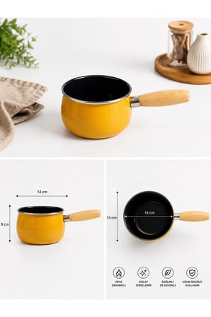 14 cm Emaye Sütlük | Ahşap Saplı Süt Cezvesi | Sosluk | 1200ML | 9 cm Derinlik | Sarı