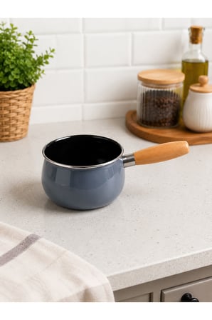 14 cm Emaye Sütlük | Ahşap Saplı Süt Cezvesi | Sosluk | 1200ML | 9 cm Derinlik | Gri