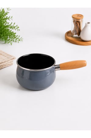 14 cm Emaye Sütlük | Ahşap Saplı Süt Cezvesi | Sosluk | 1200ML | 9 cm Derinlik | Gri