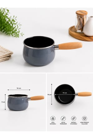 14 cm Emaye Sütlük | Ahşap Saplı Süt Cezvesi | Sosluk | 1200ML | 9 cm Derinlik | Gri