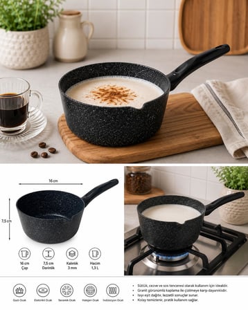 16 cm Granit Görünümlü Sütlük Cezve | Pyrex Cam Kapaklı | Sosluk & Mini Tencere