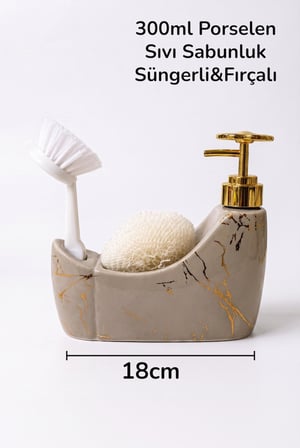 300 ml Taş Gri Mermer Desenli Seramik Sıvı Sabunluk ve Süngerlik | Gold Pompalı 