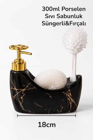 300 ml Siyah Mermer Desenli Porselen Sıvı Sabunluk ve Süngerlik | Gold Pompalı 