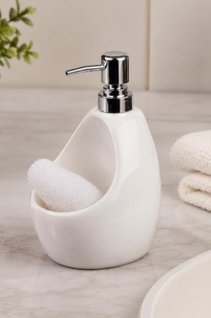 Porselen Sıvı Sabunluk 500 ml Sünger Hazneli Krom Pompalı Şık Mutfak ve Banyo Sabunluk