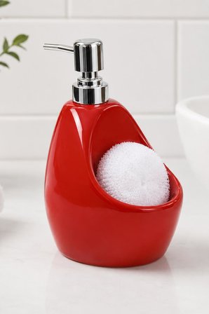 Porselen Sıvı Sabunluk 500 ml Sünger Hazneli Kırmızı Krom Pompalı Mutfak Banyo Sabunluk
